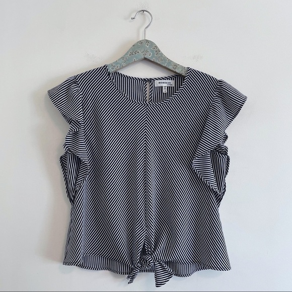 Monteau Black and White Stipe Flutter Sleeve Top - Picture 1 of 5